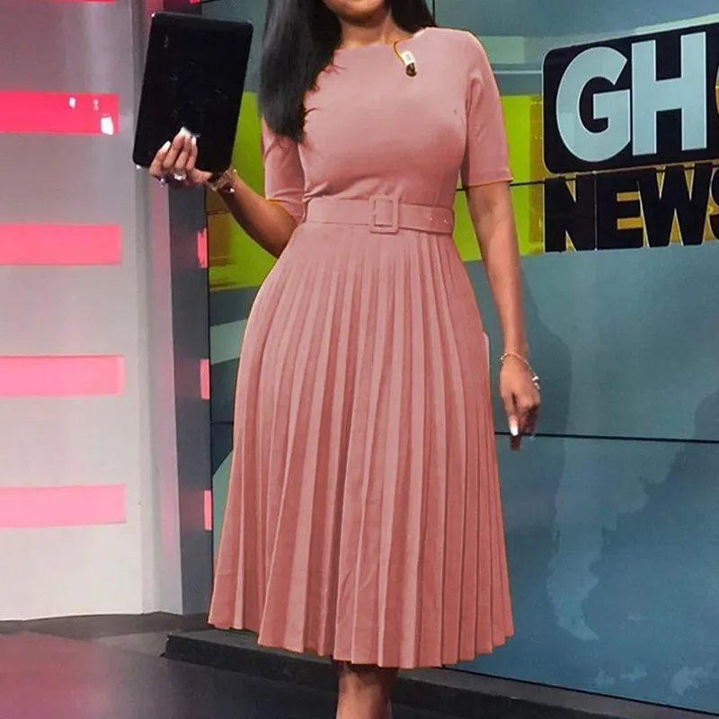 Women Fashion Short Sleeve Solid Color Pleated Midi Dress