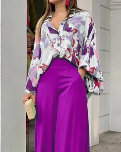 Women Casual Print Long Sleeve Lapel Blouse And Pants 2pcs Set