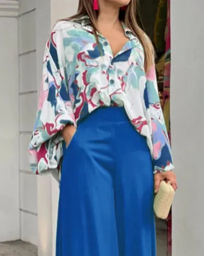 Women Casual Print Long Sleeve Lapel Blouse And Pants 2pcs Set