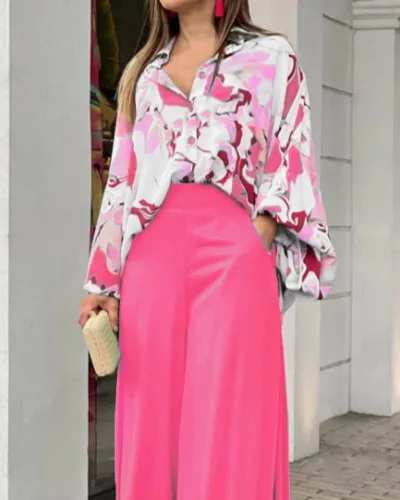 Women Casual Print Long Sleeve Lapel Blouse And Pants 2pcs Set