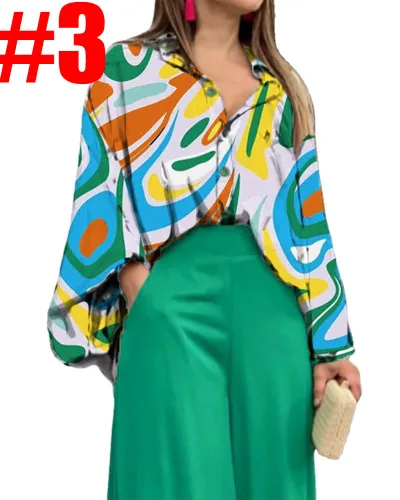 Women Casual Print Long Sleeve Lapel Blouse And Pants 2pcs Set