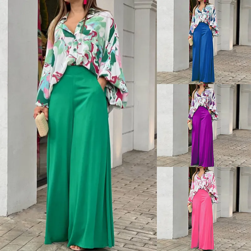 Women Casual Print Long Sleeve Lapel Blouse And Pants 2pcs Set