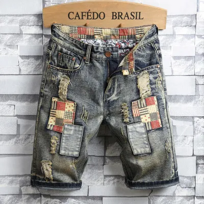 Men Fashion Personality Patch Jean Shorts