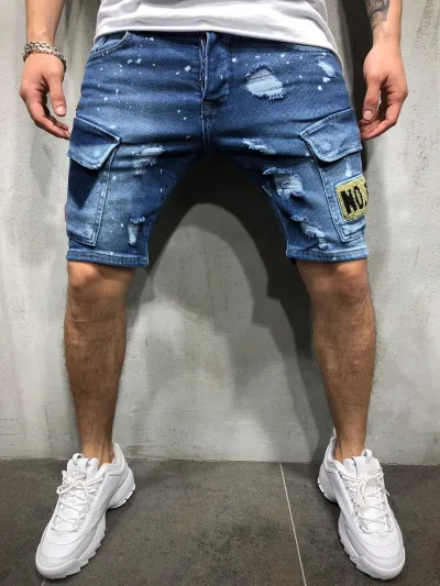 Men Fashion Ripped Slim Badge Capri Denim Shorts