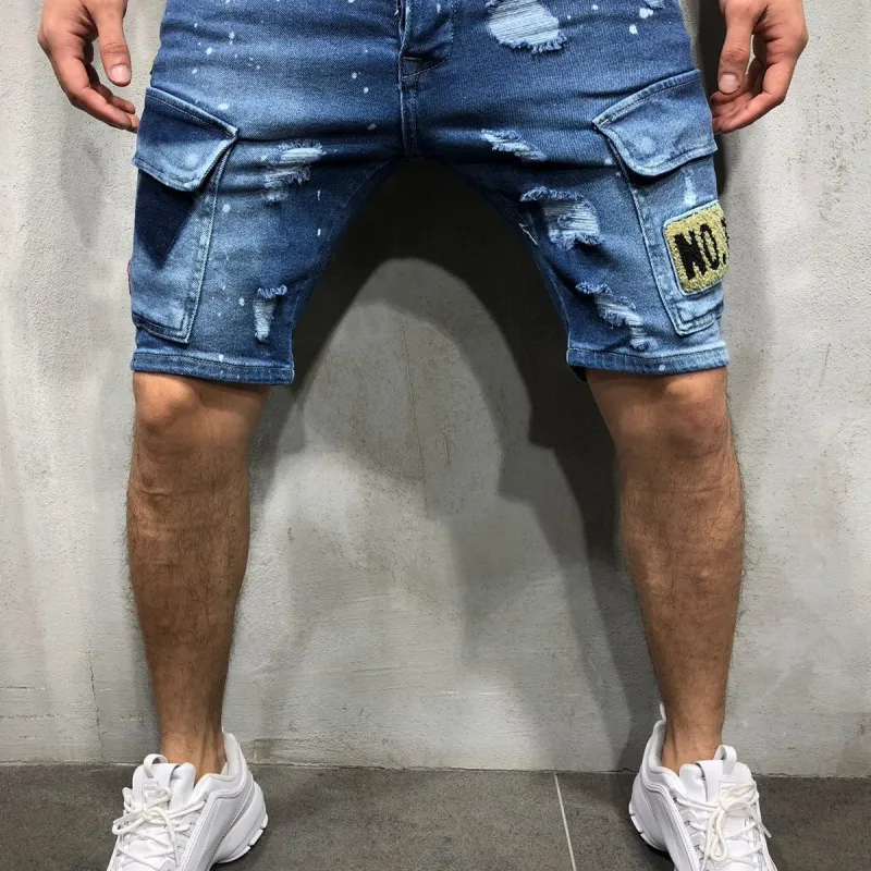 Men Fashion Ripped Slim Badge Capri Denim Shorts