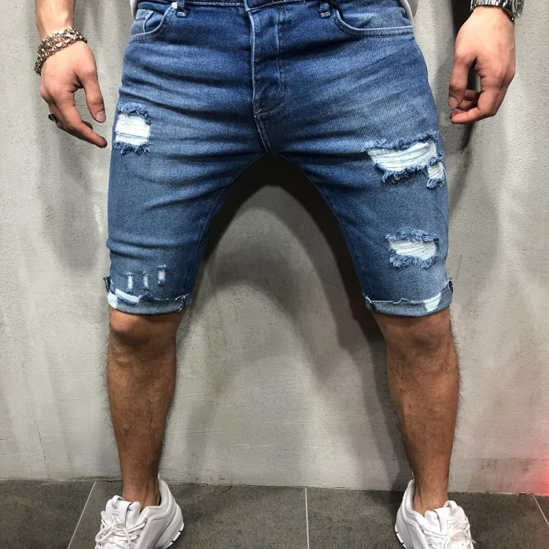 Men Fashion Denim Five-Point Ripped Slim-Fit Shorts