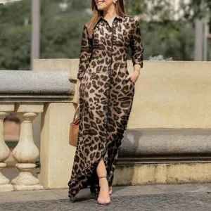 Women Casual Leopard Print Long Sleeve Button Maxi Shirt Dress