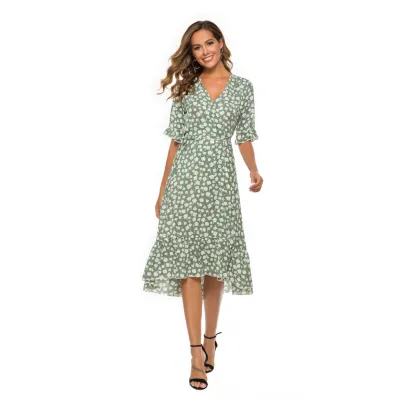 Women Summer Chiffon Floral Print Ruffled Short Sleeve Swing Slit Midi Dress