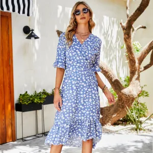 Women Summer Chiffon Floral Print Ruffled Short Sleeve Swing Slit Midi Dress