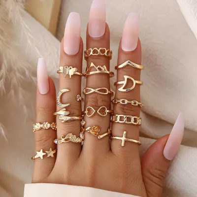 Women Fashion Rose Ring Set Personality Heart Butterfly Moon 16-Piece Jewelry