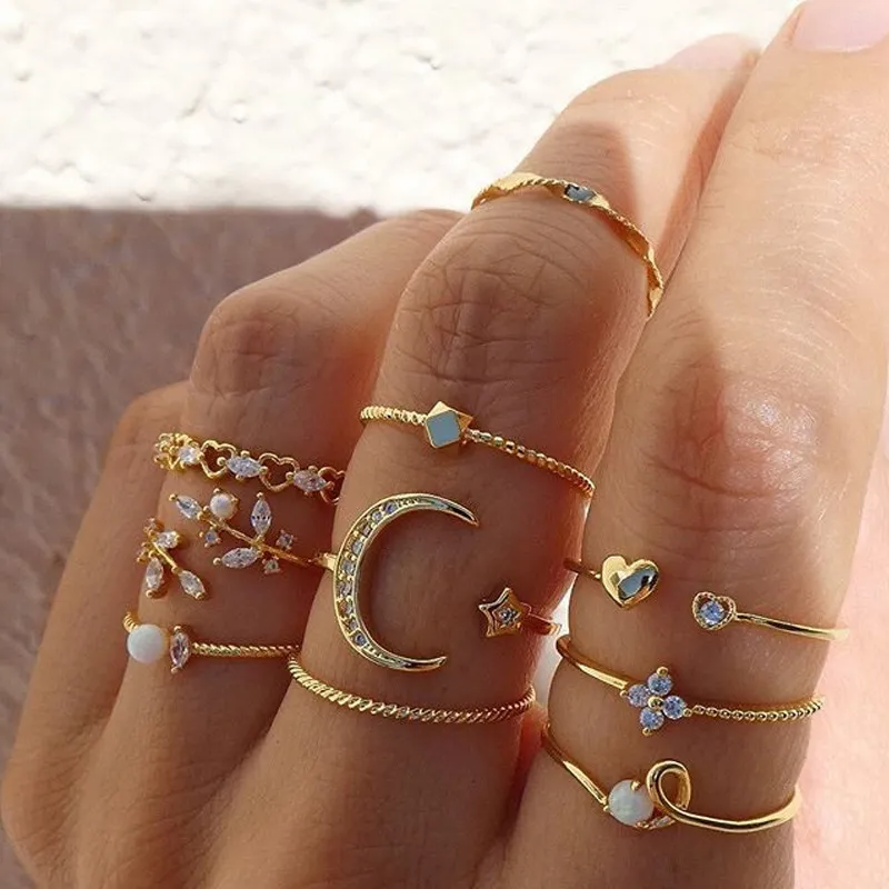 Fashion Moon Stars Leaves Heart Rhinestones Joint Ring 10 Pieces Set
