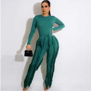 Women Solid Color Crewneck Long Sleeve Top And Tassel Pants Two-Piece Set