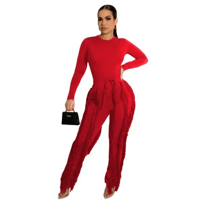 Women Solid Color Crewneck Long Sleeve Top And Tassel Pants Two-Piece Set
