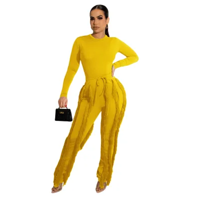 Women Solid Color Crewneck Long Sleeve Top And Tassel Pants Two-Piece Set