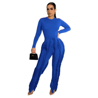 Women Solid Color Crewneck Long Sleeve Top And Tassel Pants Two-Piece Set