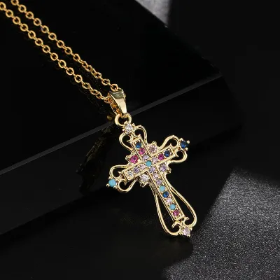 Women's Fashion Cutout Multicolor Zircon Cross Pendant Necklace