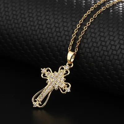 Women's Fashion Cutout Multicolor Zircon Cross Pendant Necklace