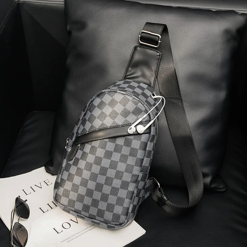 Men Fashion Vertical Square Plaid Chest Bag with PU Leather and Zipper