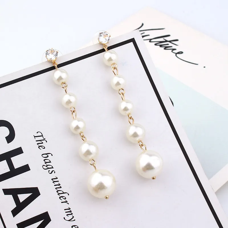 Women Fashion Rhinestone Long Pearl Tassel Earrings