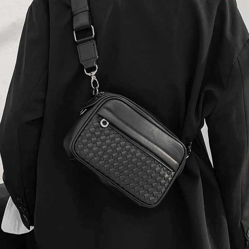 Men Casual Solid Color PU Leather Messenger Bag with Zipper Closure