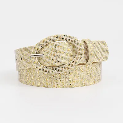Women Personality Fashion Rhinestone Oval Buckle Belt