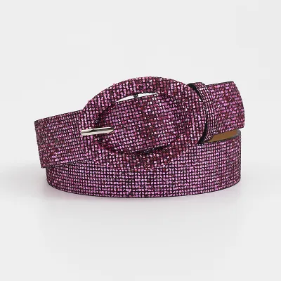 Women Personality Fashion Rhinestone Oval Buckle Belt