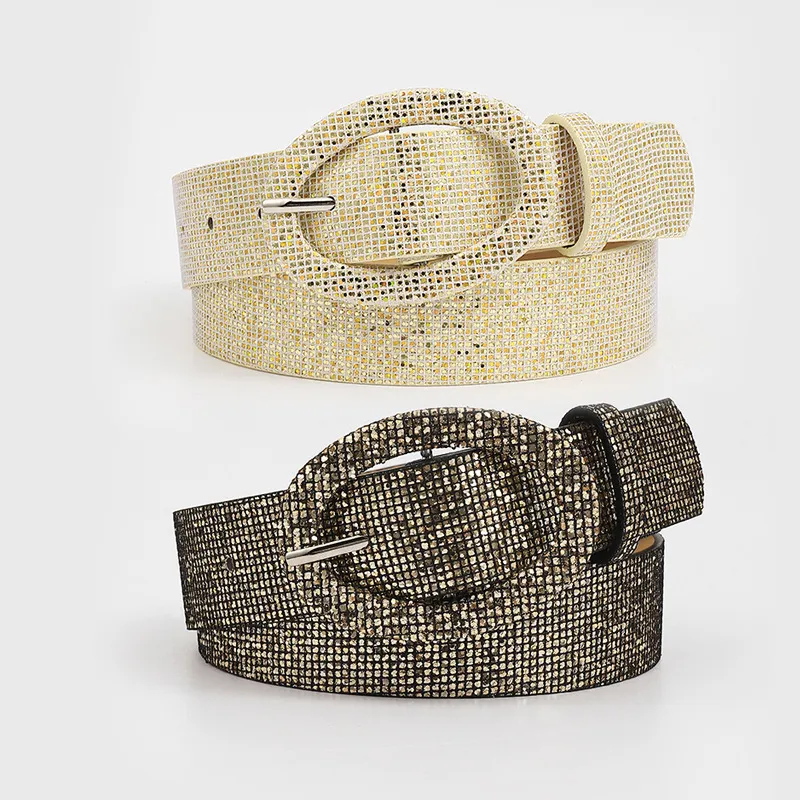 Women Personality Fashion Rhinestone Oval Buckle Belt