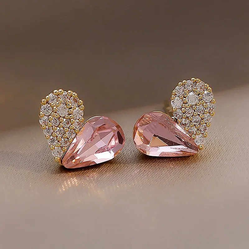 Women Fashion Small Rhinestone Heart Stud Earrings