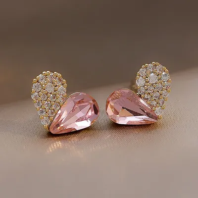 Women Fashion Small Rhinestone Heart Stud Earrings