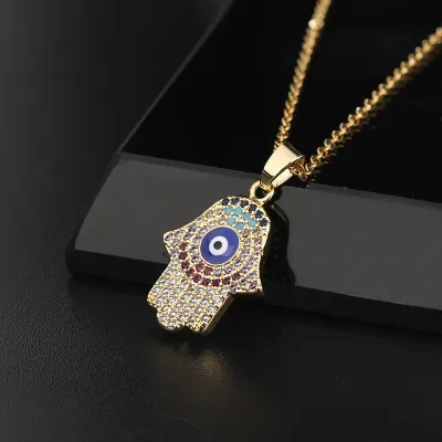 Women's Vintage Micro Paved Zircon Oil Drip Eye Palm Pendant Necklace