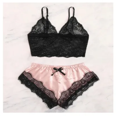 Women's Sexy Lace Satin Two-Piece Nightwear Pajamas