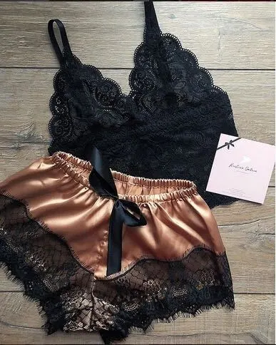 Women's Sexy Lace Satin Two-Piece Nightwear Pajamas