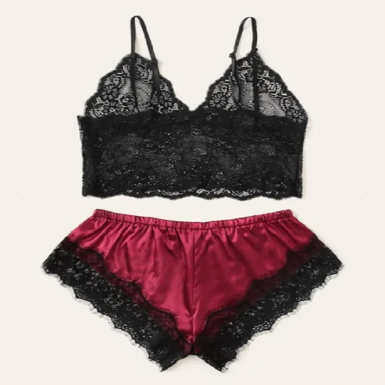Women's Sexy Lace Satin Two-Piece Nightwear Pajamas