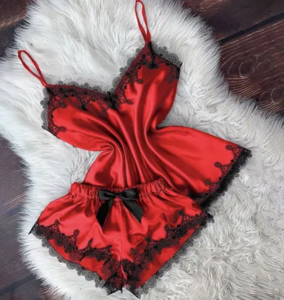 Sweet Women Sexy Lace Satin Patchwork Pajamas Set