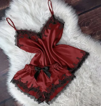 Sweet Women Sexy Lace Satin Patchwork Pajamas Set