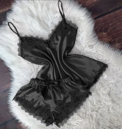Sweet Women Sexy Lace Satin Patchwork Pajamas Set