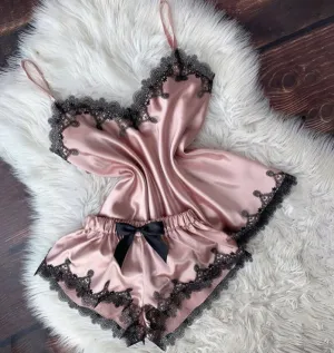 Sweet Women Sexy Lace Satin Patchwork Pajamas Set
