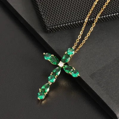 Women's Multicolor Zircon Water Drop Geometric Cross Pendant Necklace