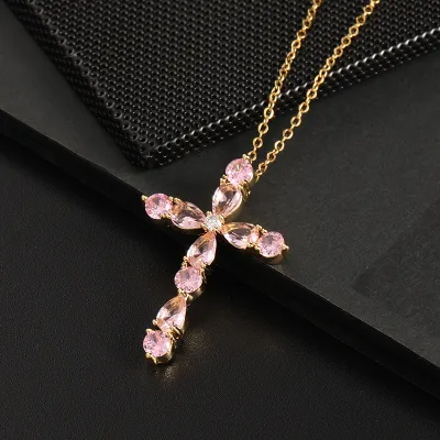 Women's Multicolor Zircon Water Drop Geometric Cross Pendant Necklace