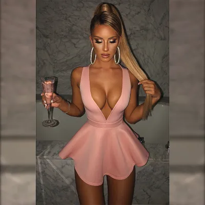 Women Sexy Solid Color Deep V-Neck Sleeveless Backless Mini Swing Dress