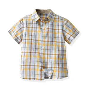 Kids Toddler Boys Fashion Lapel Plaid Short Sleeve Cotton Shirt