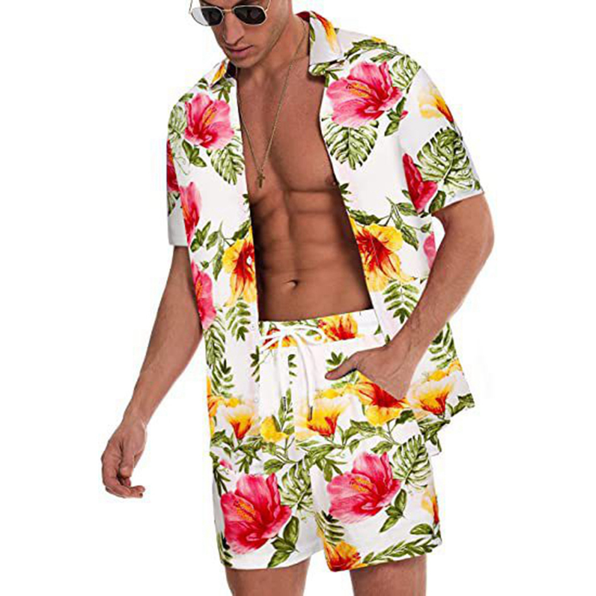 Wholesale Men Casual Tiny Flower Print Shirt And Shorts Two