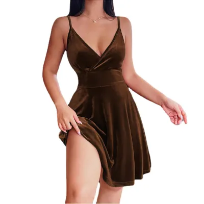Women Sexy High Waist Low Cut V-Neck Solid Color Velvet Mini Dress