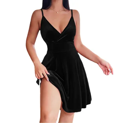 Women Sexy High Waist Low Cut V-Neck Solid Color Velvet Mini Dress