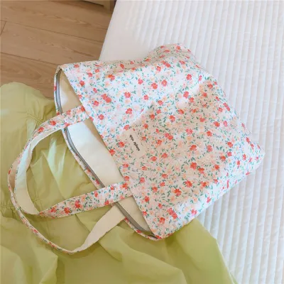 Women Fashion Small Flower Pattern Canvas Tote Bag with Zipper