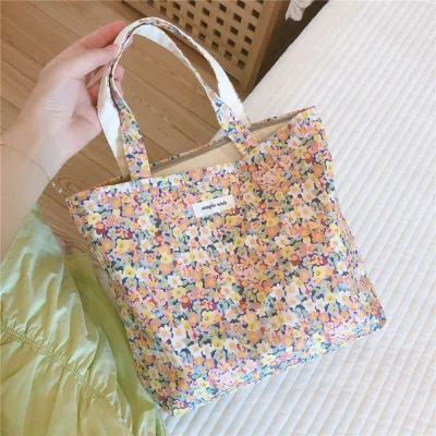 Women Fashion Small Flower Pattern Canvas Tote Bag with Zipper