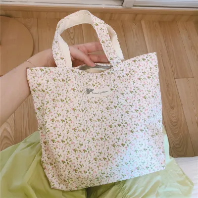 Women Fashion Small Flower Pattern Canvas Tote Bag with Zipper