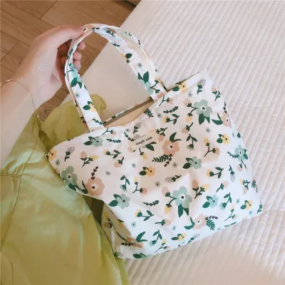 Women Fashion Small Flower Pattern Canvas Tote Bag with Zipper