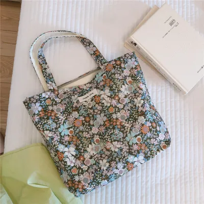 Women Fashion Small Flower Pattern Canvas Tote Bag with Zipper