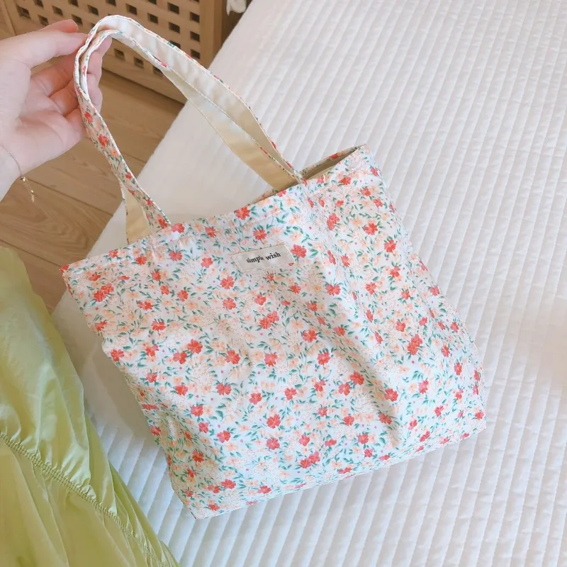 Women Fashion Small Flower Pattern Canvas Tote Bag with Zipper